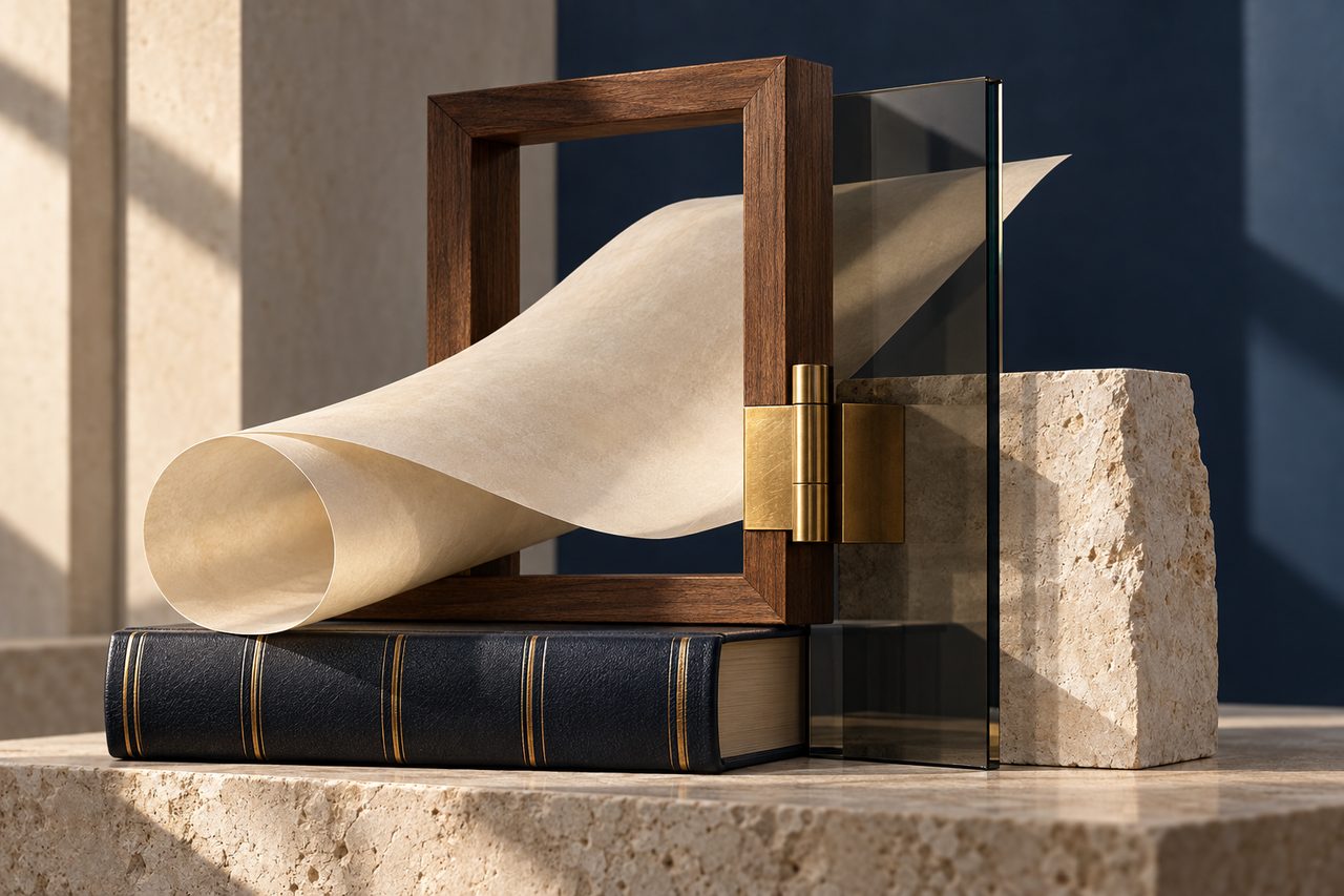 A vellum scroll, a bound book, a walnut frame, glass and stone composed into a single structure.