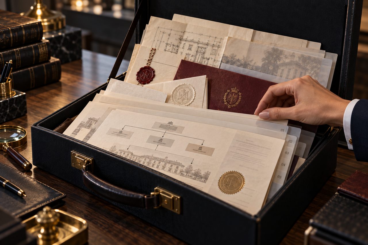 A hand sorting sealed documents and ownership records in a leather case.