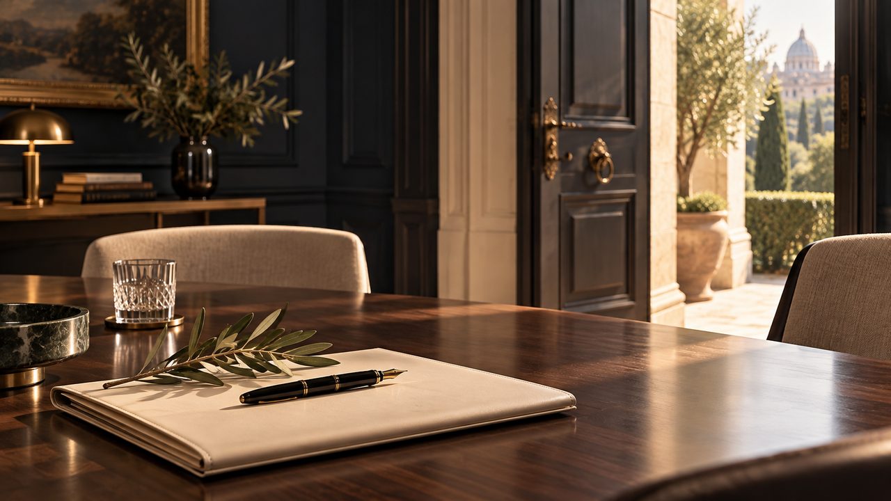 An empty table with a notebook and pen beside an open door filled with daylight.