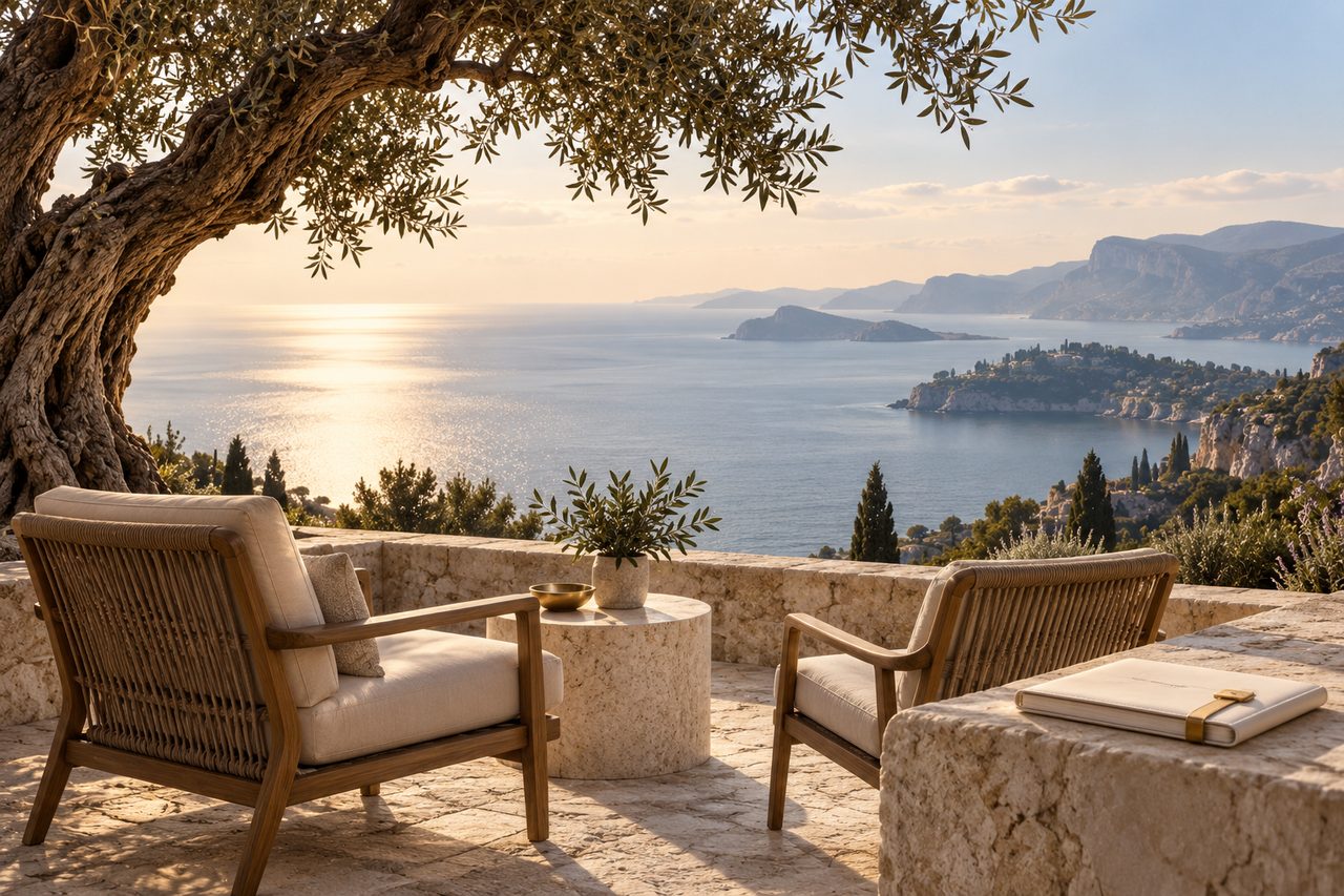 A stone terrace with an olive tree, two armchairs and a dossier overlooking the sea.