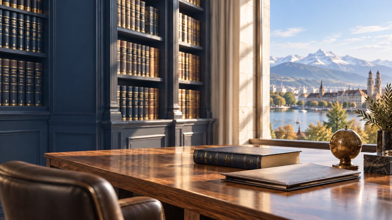 A quiet library study with a walnut desk and a window opening onto a lake and mountains.