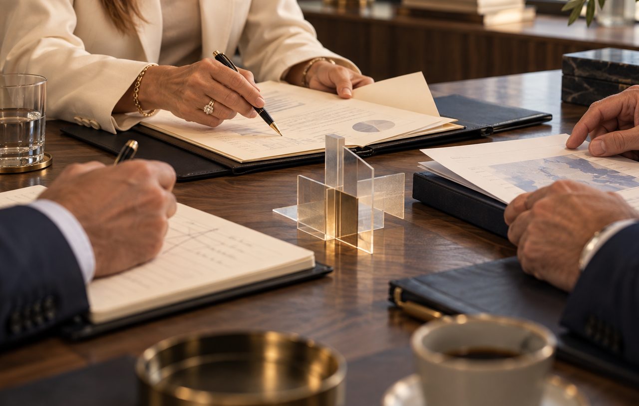 Advisers’ hands working through documents together around a table.