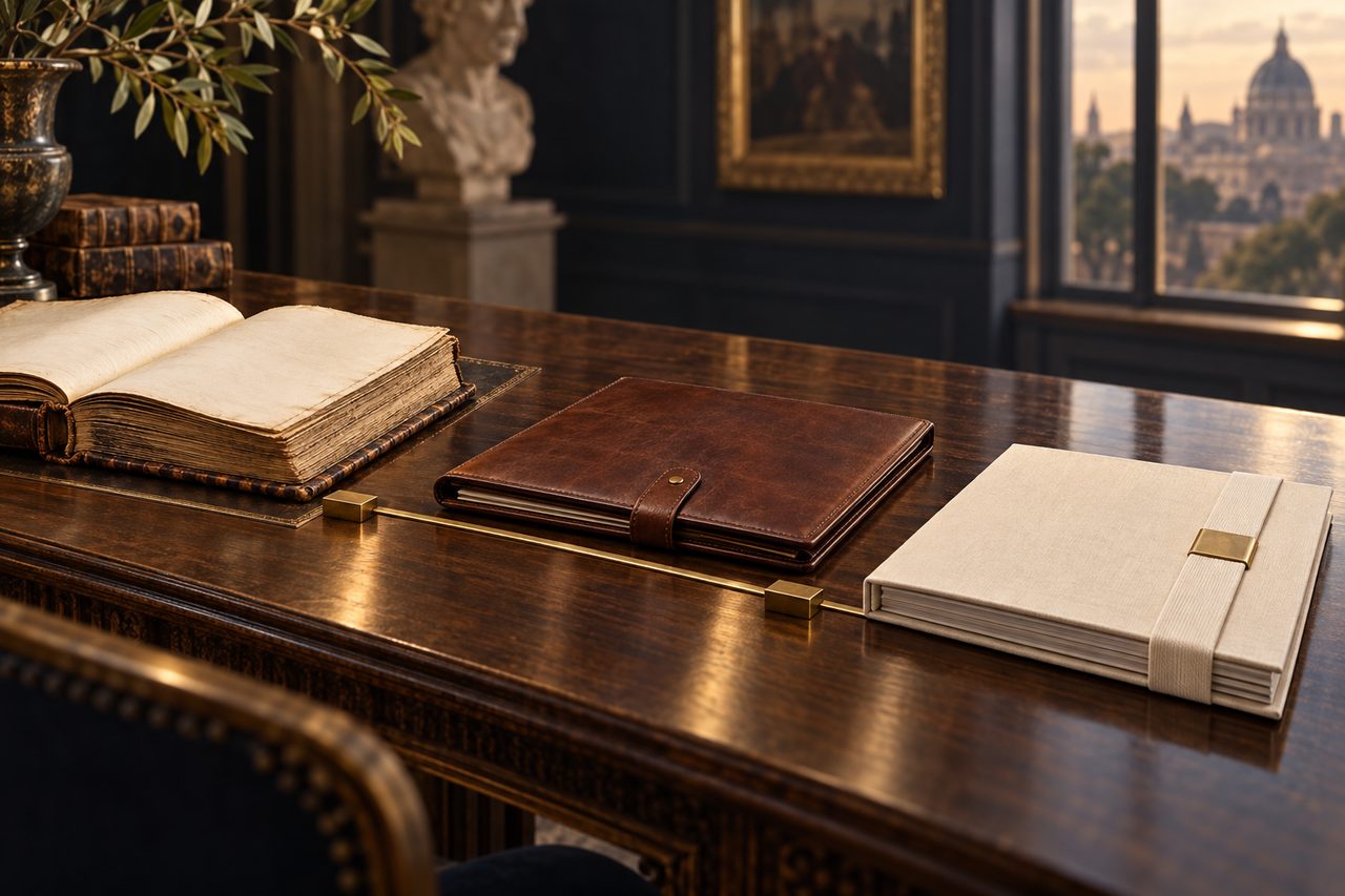 An antique ledger, a leather folio and a contemporary bound file aligned on a walnut desk.