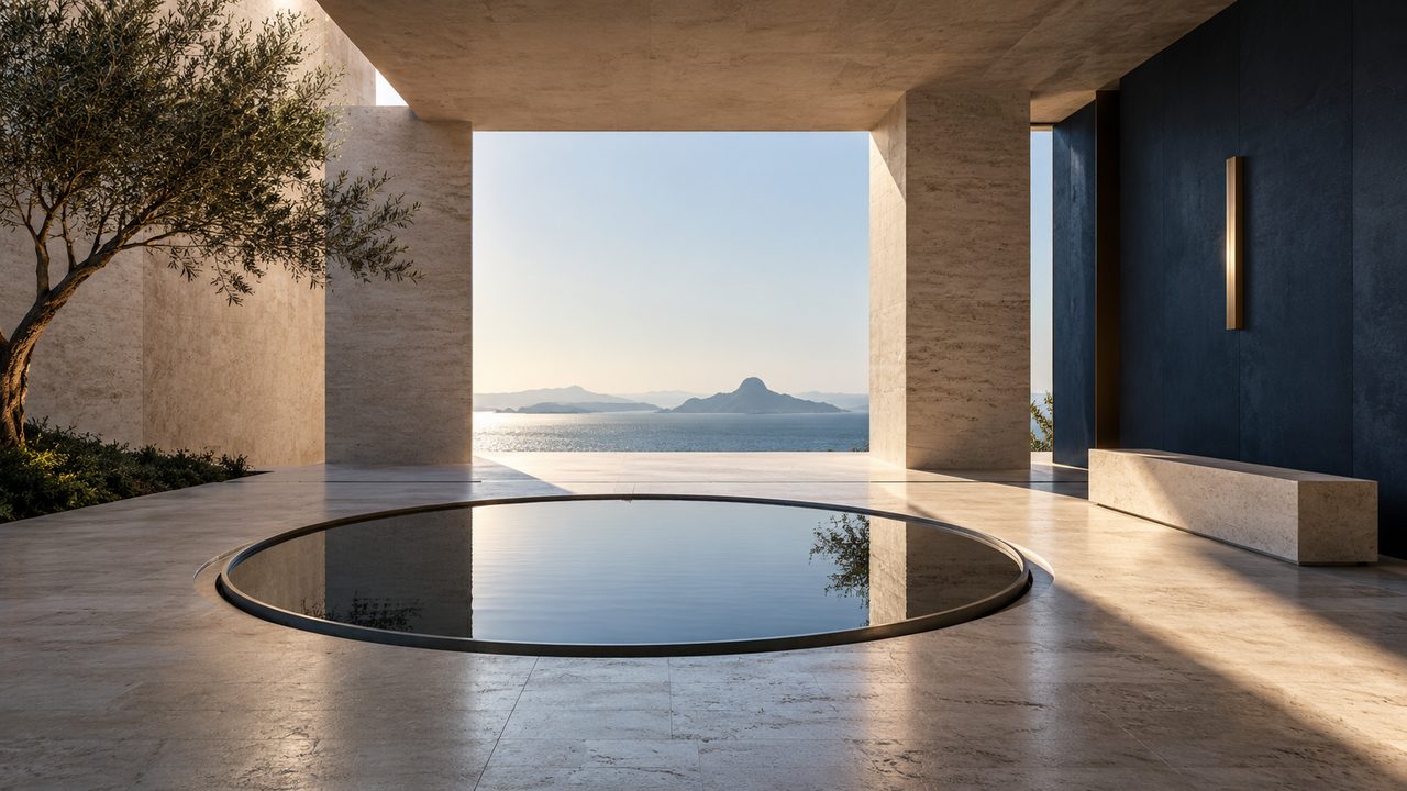 An open stone courtyard with a circular reflecting pool facing the horizon.